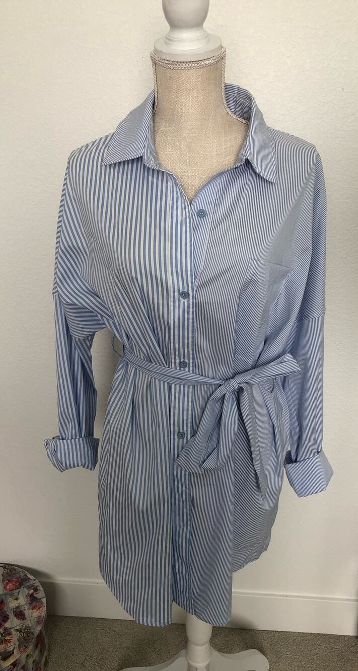 12th Tribe Blue and White Striped Button Down Shirt Dress - L